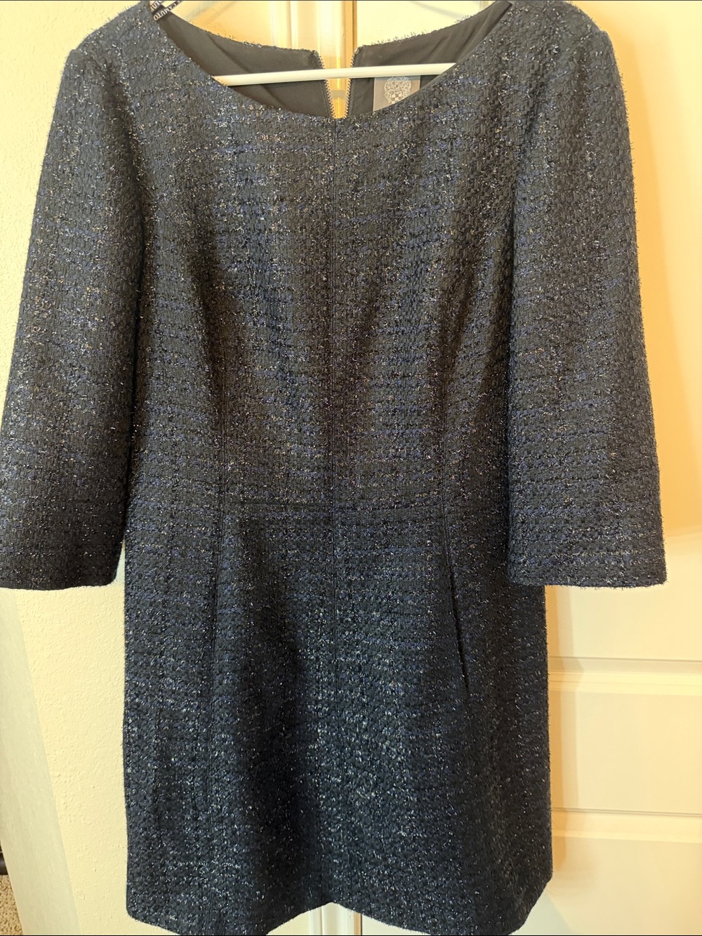 Vince Camuto Navy Sparkle Tweed Three-Quarter Sleeve Sheath Dress